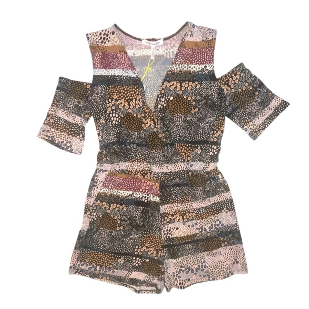 BCBGeneration Multicolor Print Romper Cold Shoulder V Neckline Size Large